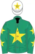 Emerald green, yellow star, yellow stars on sleeves, white cap, yellow star