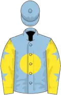 Light blue, yellow disc, yellow sleeves, light blue stars