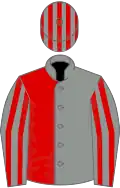Grey and red (halved), striped sleeves and striped cap