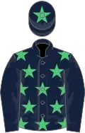 Dark blue, emerald green stars, dark blue sleeves, dark blue cap, emerald green star