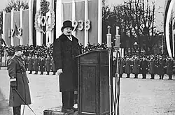 President Konstantin Päts giving a speech on the 20th anniversary of the Republic of Estonia at the Freedom Square, Tallinn (1938).