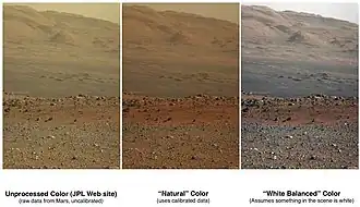 Comparison of color versions (raw, natural, white balance) of Aeolis Mons (August 23, 2012).