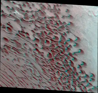 Hyperboreae Undae anaglyph 3D at the boundary with Boreum Cavus showing coexisting linear and barchan dunes