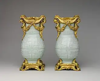 Pair of Chinese vases with French Rococo mounts; the vases: early 18th century, the mounts: 1760–70; hard-paste porcelain with gilt-bronze mounts; 32.4 x 16.5 x 12.4&nbsp;cm; Metropolitan Museum of Art