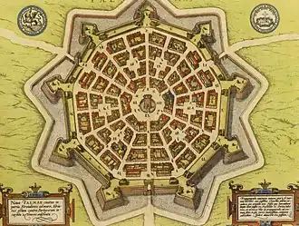 Map of Palmanova in 1593. The town is encircled by massive Venetian Defensive Systems that are a UNESCO World Heritage Site.[15]