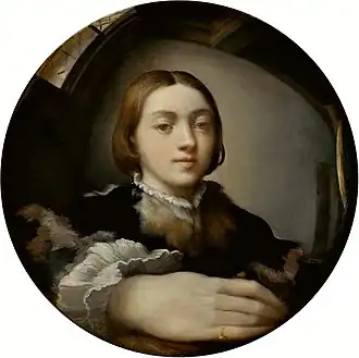 Parmigianino, Self-portrait in a mirror c. 1524, is itself painted on a convex surface, like that of the mirrors of the period