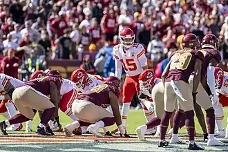 Kansas City Chiefs vs. Washington Football Team in 2021. Washington eliminated all Native American imagery from its temporary franchise name while Kansas City continues to use the "Chiefs" branding.