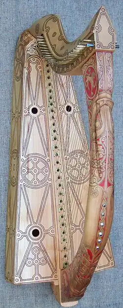 Brass tuning pins on a replica of the late medieval Queen Mary Harp.