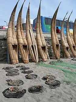 Peruvian fishing boats, It shows the typical and ancient, caballitos de totora