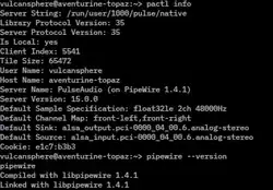 Screenshot showing information of audio server as reported by PulseAudio Control (pactl) software, PipeWire is using PulseAudio as its audio server and the library version information for PipeWire 1.4.1