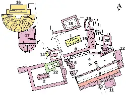 Archaeological plan of an ancient site, showing a crowded, built-up area with a few open spaces.