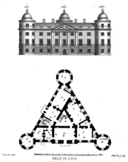 Line-drawing of the front-elevation of an imagined four-story stately home having a central portico with four columns and round towers at left and right corner; beneath which is a floorplan of the building showing its equilateral triangular form.