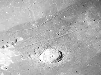 Oblique view from Apollo 17 facing south, and showing both Plinius crater and Plinius Rilles