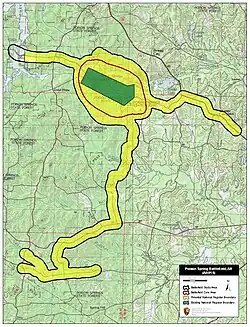 A map of the Poison Spring battlefield - the main battle area is in a wooded area. The central portion of this area is listed on the National Register of Historic Places. Other areas associated with the battlefield extend to the east, south, and west. Most of the associated areas are considered to be eligible for the National Register of Historic Places.