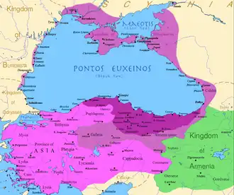 The Pontic empire at its height: before the reign of Mithridates&nbsp;VI (dark purple), after his early conquests (purple), and his conquests in the first Mithridatic Wars (pink)