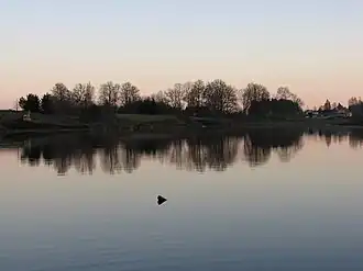 Photograph of the lake with trees and houses on the far bank