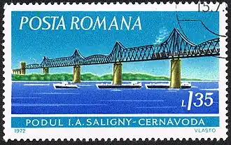Romanian postage stamp showing the Anghel Saligny Bridge