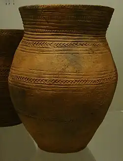 An image of a neolithic pot in a museum case.