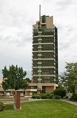Price Tower on an overcast day