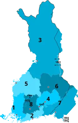 1831-1833 1&nbsp;Turku and Pori 2&nbsp;Uusimaa 3&nbsp;Oulu 4&nbsp;Mikkeli 5&nbsp;Vaasa 6&nbsp;Kuopio 7&nbsp;Viipuri 8&nbsp;Tavastia