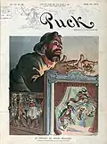 A Puck Magazine satirical illustration depicting Bulgaria and Macedonia as Russian puppets, sword fighting, with the Bulgarian one about to decapitate the Macedonian one, October 1903.[96]