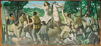 Rachel Silverthorn's ride to warn settlers along Muncy Creek of impending attacks. (WPA Mural by John W. Beauchamp in the Muncy, Pennsylvania Post Office).