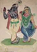 Radha- Krishna, Kalighat Painting