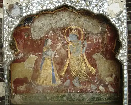 Gilded mural of Radha Krishna in Kangra style at Sheesh Mahal, Lahore