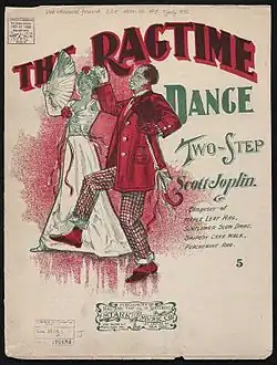 A stereotyped African-American couple are shown dancing in a drawing on the front cover of the sheet music