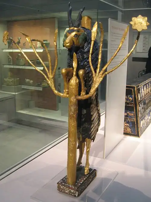 Ram in a Thicket; 2600–2400 BC; gold, copper, shell, lapis lazuli and limestone; height: 45.7&nbsp;cm; from the Royal Cemetery at Ur (Dhi Qar Governorate, Iraq); British Museum (London)