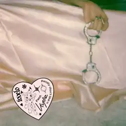 A hand holding glittered handcuffs on a pink silk background, and a love heart shape containing the singers' logos and various icons