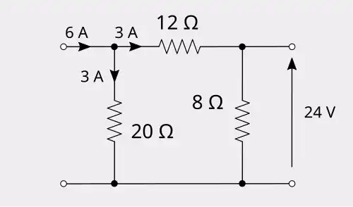 The previous attenuator showing port&nbsp;1 current splitting to 3&nbsp;A in each branch