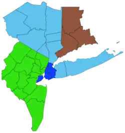 A color coordinated map of the 31 counties from New York, New Jersey, and Connecticut that are under the purview of the Regional Plan Association