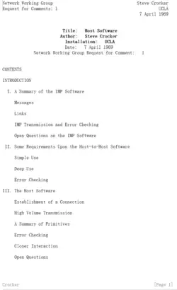 Document titled "Host Software" by Steve Crocker, dated 7 April 1969. This is the first Request for Comments (RFC) from the Network Working Group.