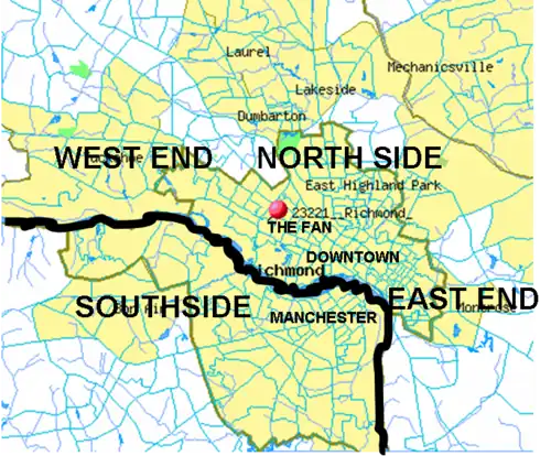Richmond is often subdivided into North Side, Southside, East End and West End.