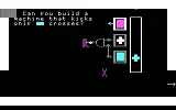 A screenshot from the Rocky's Boots game (MS-DOS version) showing a message directing the player to build a machine that kicks only blue-colored crosses.