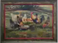 Rooster and Hens in Landscape, oil on board of rooster and hens feeding outdoors (private collection)