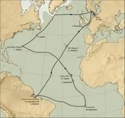 The route makes the shape of a figure eight going west from Europe across the North Atlantic to North America, then south to Bermuda, west to Cape Verde, south to Ascension, back west to the mouth of the Amazon River, and then back up north and east to Europe.