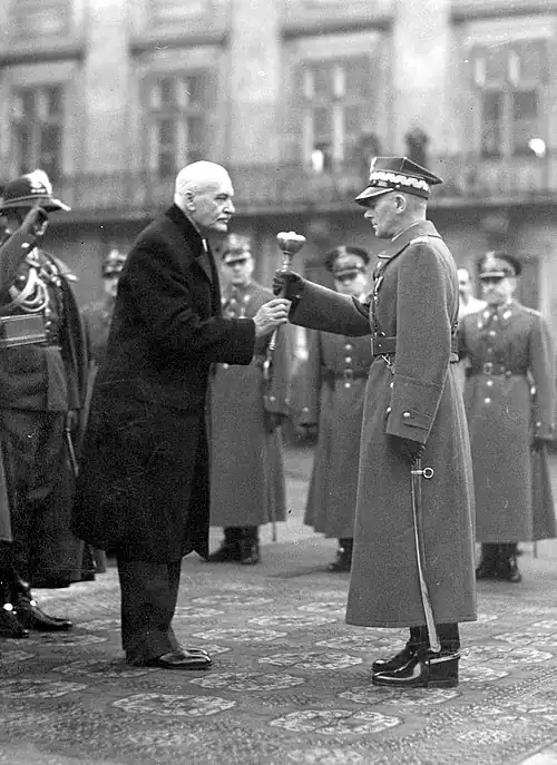 Edward Rydz-Śmigły (right) receiving marshal's buława from Polish President Ignacy Mościcki, Warsaw, 10 November 1936