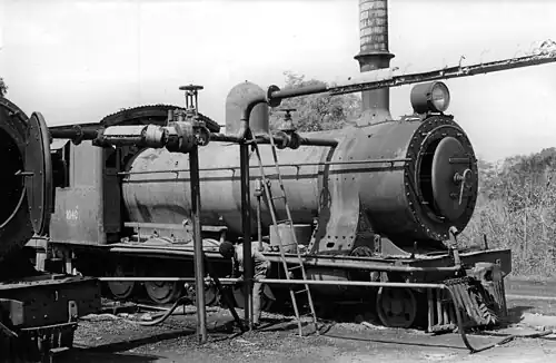 Class 7B no. 1040 grounded as a stationary boiler at Livingstone, Zambia, 28 April 1989 - note chimney location