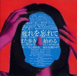 A head of a person with hands in their long hair. Their face has been replaced by song lyrics.