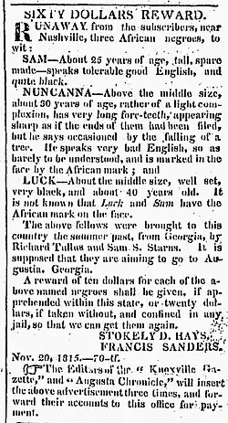 Newspaper clipping of a runaway slave advertisement headlined "sixty dollars reward"