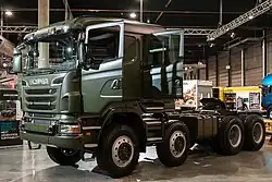 Scania R&nbsp;730&nbsp;CA8x8EHZ with CR31 CrewCab, eight-wheel drive heavy-haulage tractor at Norway Trade Fairs in Lillestrøm, Norway in 2011.[2]