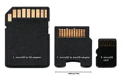 MicroSD-to-SD adapter (left), microSD-to-miniSD adapter (middle), microSD card (right).