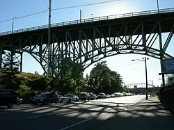 A steel bridge over a roadway