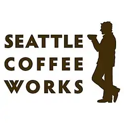 Graphic logo with the profile of a man holding a cup of coffee and the text "Seattle Coffee Works"