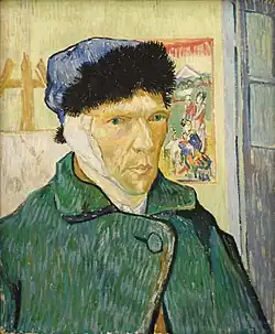 Self-portrait with Bandaged Ear, Easel and Japanese Print, January 1889 Oil on canvas, 60 × 49&nbsp;cm Courtauld Institute Galleries, London (F527)