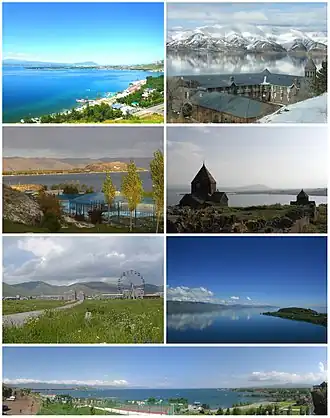 From top left: Sevan landscape • Vaskenian Theological Academy Sevan peninsula • Sevan Monastery Sevan skyline • Lake Sevan Panoramic view of Sevan beach