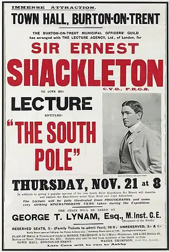 A poster advertising a talk presented by Shackleton
