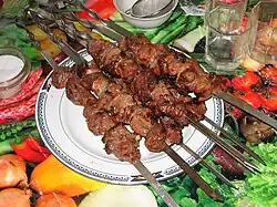 Kabob (also shashlik, kebab, kebap) – grilled meat, usually lamb, beef or chicken